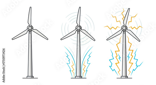 Three wind turbines illustrating energy generation and power output.