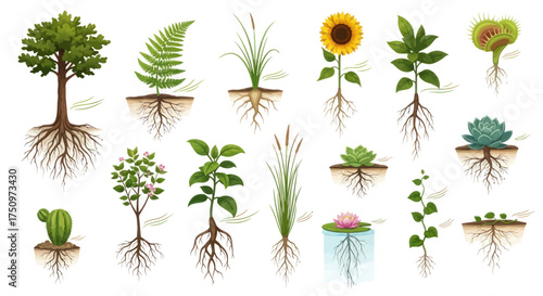 Diverse Plant Root Systems Illustration for Botanical Study.
