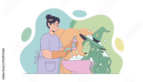 Stylist washes a witchs long green hair in a fantasy salon setting Care beauty relaxation