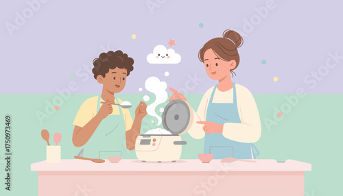 Joyful mother and child cooking rice together in the kitchen fostering healthy habits