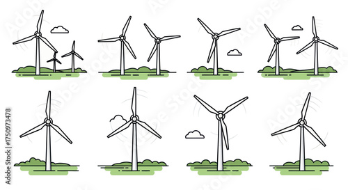 Wind Turbine Sketch Collection: Renewable Energy Source Clean Power Generation.