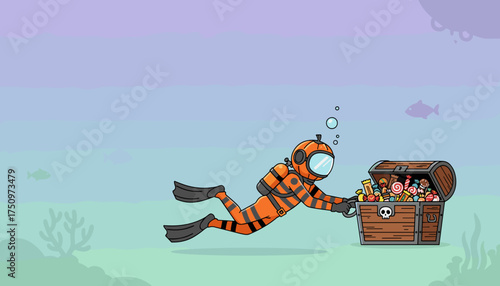 Cartoon pumpkin diver finds a sweet treasure chest full of Halloween candy underwater