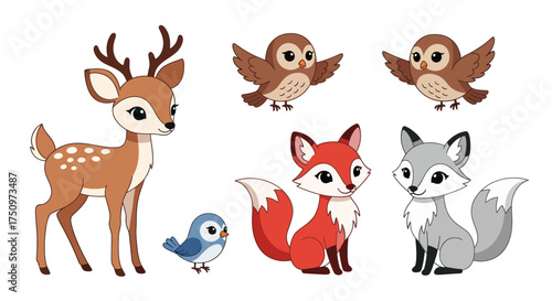 Adorable Cartoon Forest Animals: Deer Foxes Owls and Bird.