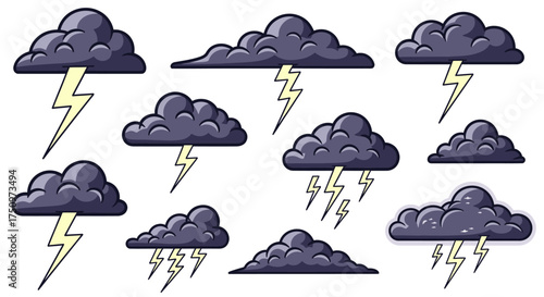 Collection of Dark Storm Clouds with Lightning Bolts and Rain.