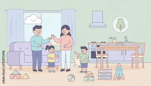 Happy family with two children enjoying time at home surrounded by toys and books