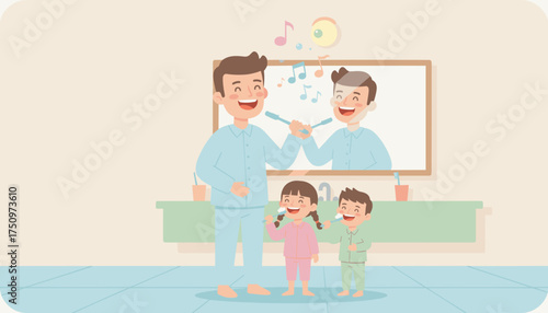 Happy father and children brush teeth together in bathroom promoting healthy family habits
