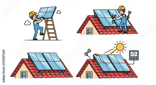 Installation and maintenance of solar panels on a rooftop.
