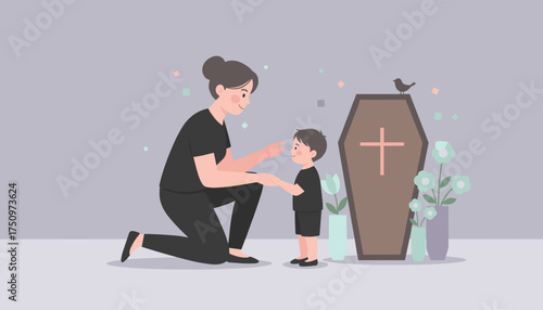 Mother comforts son at funeral Family support through loss grief and remembrance