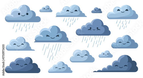 Adorable Cartoon Clouds with Rain and Smiling Faces.