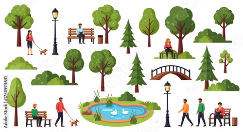 Park Elements: Trees People Benches Pond and Streetlights for Urban Landscape Design.