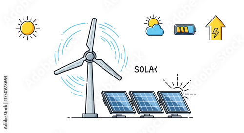Renewable Energy Sources: Wind Turbine and Solar Panels Illustration.