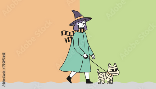Woman in witch hat and scarf walks mummy dog Playful autumn Halloween pet concept
