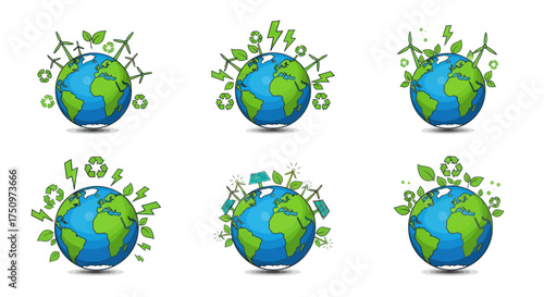 Earth globes with green eco-friendly symbols environmental conservation concept.