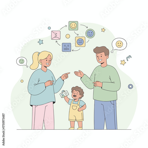 Happy family communicating child proudly shows a card Emotional development connection and growth