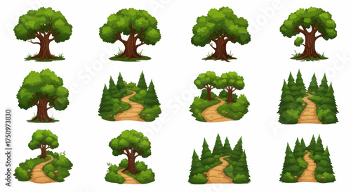 Cartoon Trees and Forest Landscapes Collection with Winding Paths.