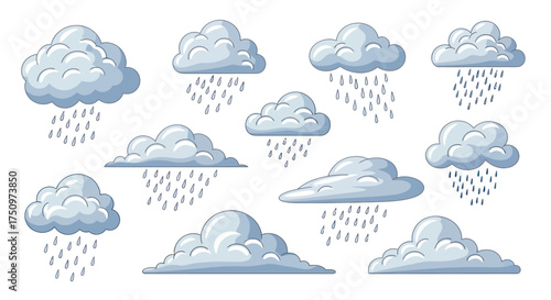 Cartoon Clouds with Rain Various Shapes and Sizes.