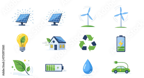 Eco-Friendly Renewable Energy Icons Set: Solar Panels Wind Turbines Green House Battery Recycling Electric Car.