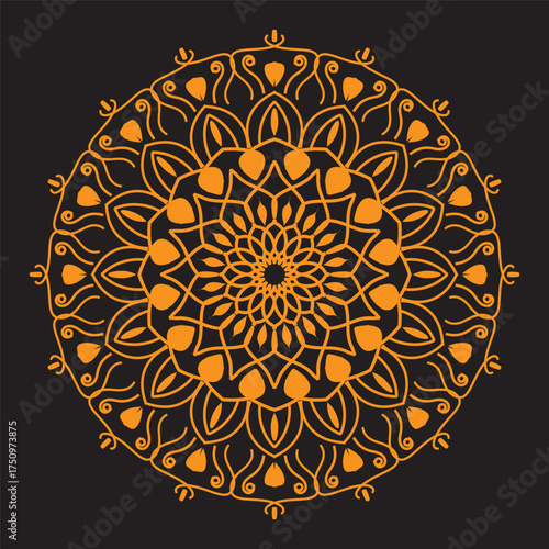 A detailed, circular mandala pattern featuring intricate golden and orange floral motifs against a dark, textured background.