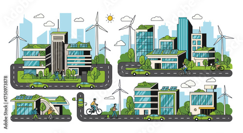 Set of sustainable green city illustrations with wind turbines solar panels and green roofs.