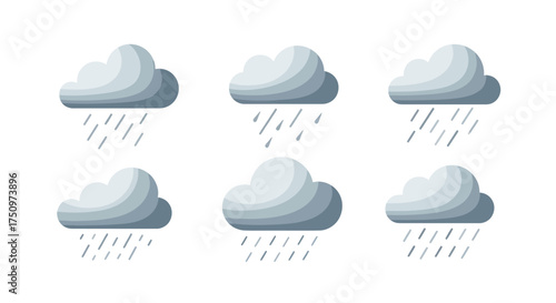 Six Cartoon Clouds with Rain Weather Icons Set.