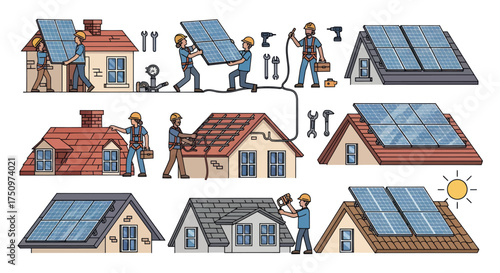 Solar panel installation process on residential house roofs by skilled workers.