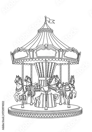 Detailed black and white line art illustration of a classic carnival carousel featuring several ornate, saddled horses under a decorative striped canopy roof.