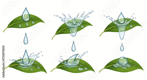 Illustrative sequence of water drops interacting with fresh green leaves: falling splashing piercing and resting.