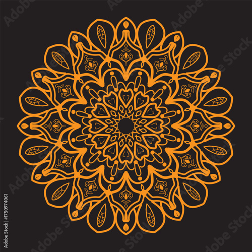 A detailed, circular mandala pattern in golden hues with intricate geometric and floral elements against a dark, solid background.