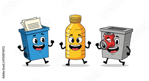 Cartoon Recycling Characters: Paper Bin Plastic Bottle and Metal Can.