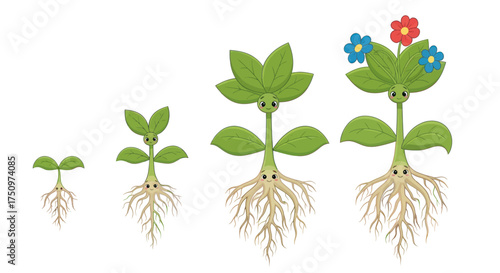 Cartoon illustration of plant growth stages with roots and flowers.