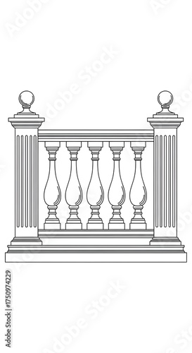 Detailed black and white line art illustration of a classical stone balustrade featuring five decorative vase-shaped balusters between two fluted architectural columns with spherical finials.