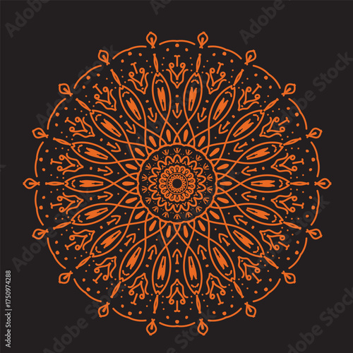A detailed, symmetrical mandala with intricate patterns in shades of orange and brown against a dark gray backdrop.