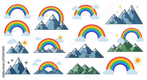Vibrant Rainbows Arching Over Majestic Mountain Peaks in Various Scenes.