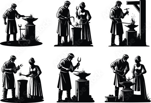 Blacksmith silhouette illustration, traditional metalwork scenes, forging and hammering poses, teamwork at anvil, black and white design, craftsmanship concept, historical labor art