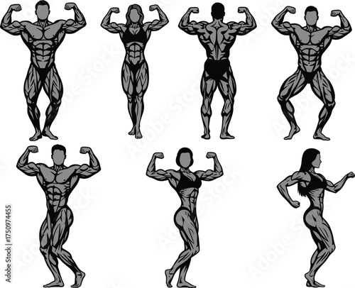 Bodybuilder silhouette illustration, muscular anatomy poses, fitness competition stance, black and white design, gym physique, strength training, side chest, double biceps