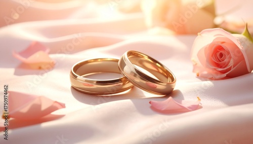 Golden wedding rings nestled on soft pink satin with delicate rose petals scattered around, symbolizing love and commitment