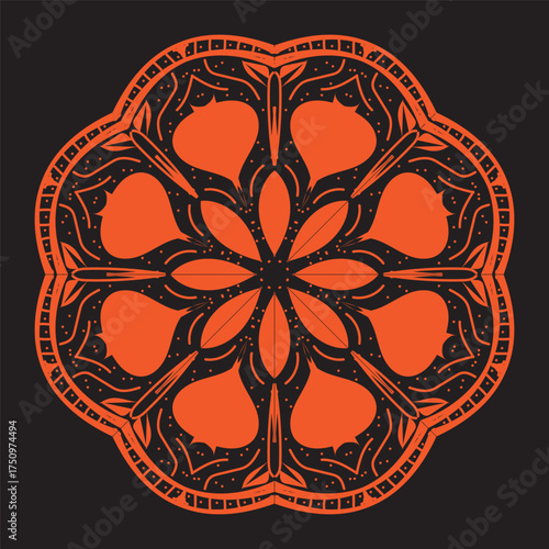 A symmetrical, circular mandala pattern with bold orange floral elements and dark gray intricate details against a solid dark background.