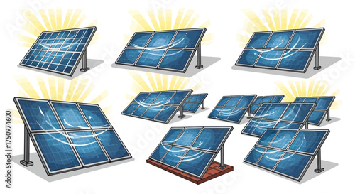 Collection of Illustrated Solar Panels Generating Renewable Energy.