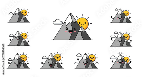 A cute collection of cartoon mountain and sun characters showing various emotions and interactions.