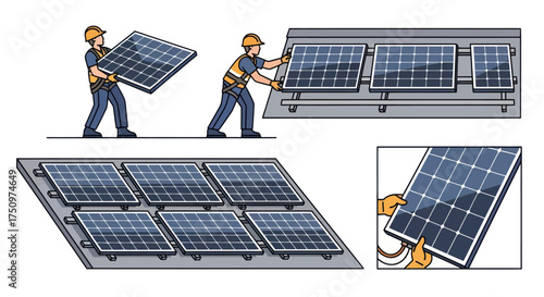 Workers Installing Solar Panels on a Rooftop System.
