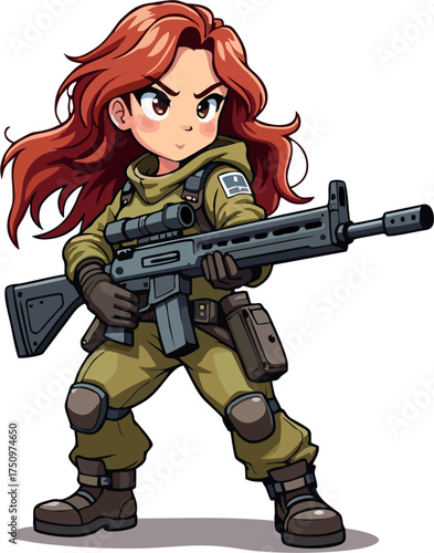 Cartoon Female Commando Mascot Vector – Redhead Woman Soldier in Tactical Gear Holding Rifle