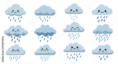 Adorable Cartoon Raining Clouds with Happy Faces Weather Illustration Set.