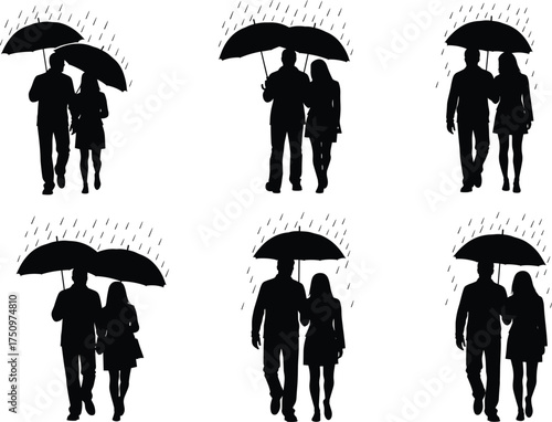 Couple walking under umbrella silhouette, romantic rainy scene, black and white design, companionship in rain, love illustration, weather concept, human interaction art