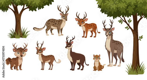 Diverse Collection of Wild Deer Species with Antlers and Fawns.