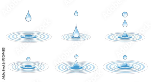 Set of six realistic blue water drop splash animations with concentric ripples on a liquid surface.
