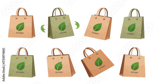 Collection of Eco-Friendly Paper Shopping Bags with Green Leaf Logo.