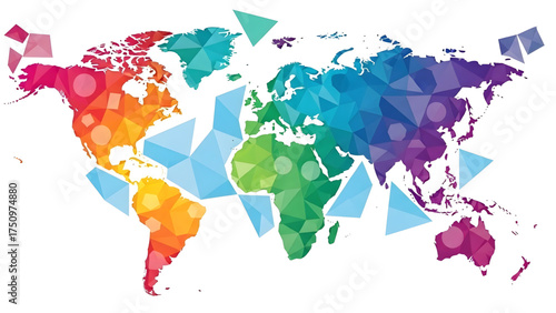 Abstract geometric world map illustration with vibrant rainbow colors and fragmented shapes creating a modern and dynamic visual