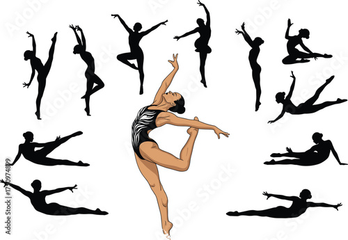 Dance pose illustration, female dancer silhouette sequence, black and white design, expressive movement, flexibility and grace, leotard figure, artistic motion concept