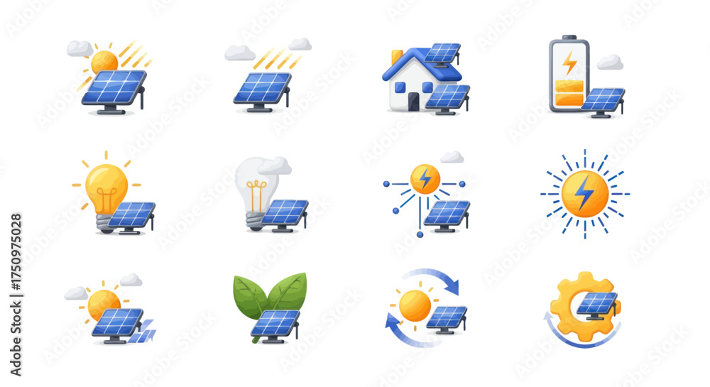 Fototapeta premium Collection of Solar Panel Icons Representing Renewable Energy Sources.