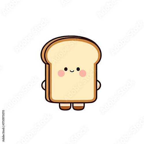 A cute cartoon illustration of a slice of bread with a smiling face and small arms and legs.
